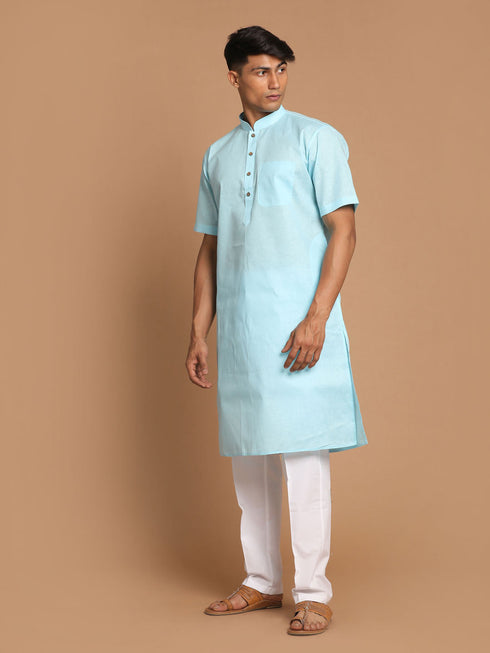 Vastramay Men's Aqua Bule Solid Kurta with White Pant style Cotton Pyjama Set
